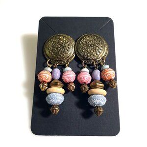 Gold Tone Multicolor Beaded Dangle Earrings Beach Bali Boho Style Stud Post Gift